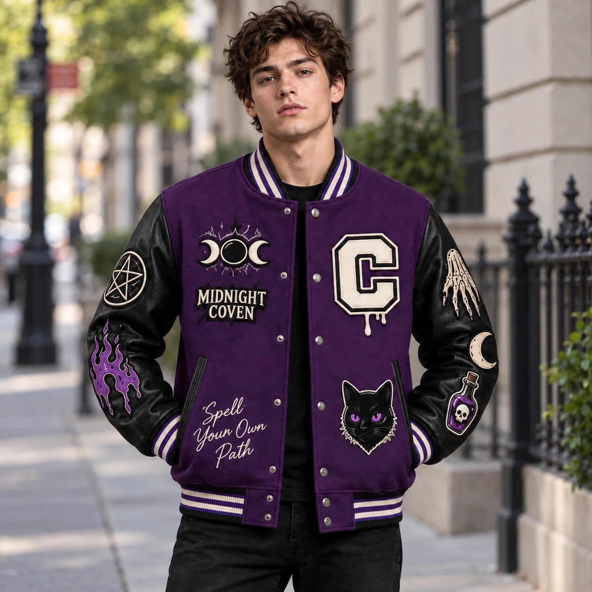 Model wearing purple Midnight Coven Halloween varsity jacket with black leather sleeves and witchcraft patches outdoors