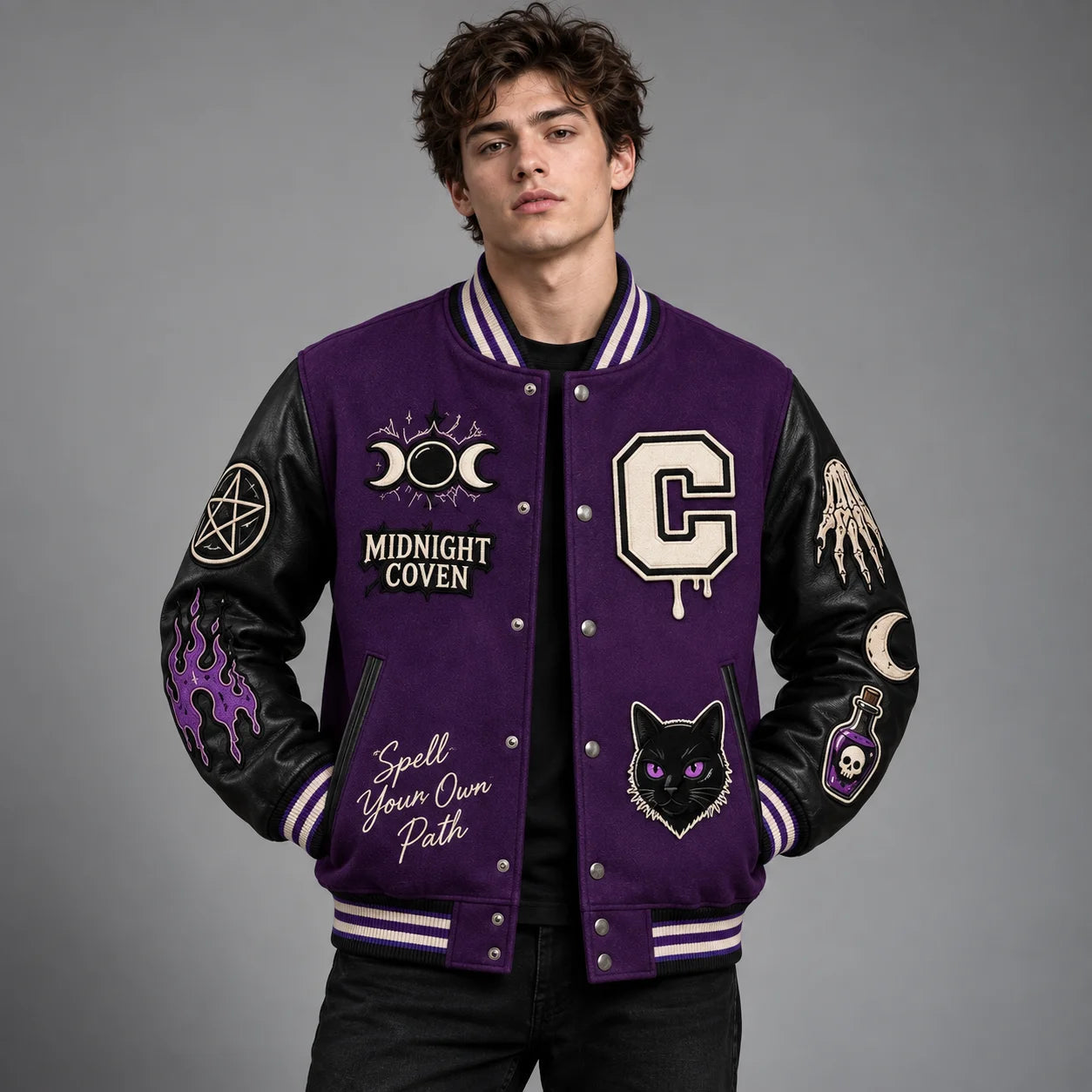 Front studio view of Midnight Coven purple varsity jacket with moon, black cat and genuine leather sleeve patches
