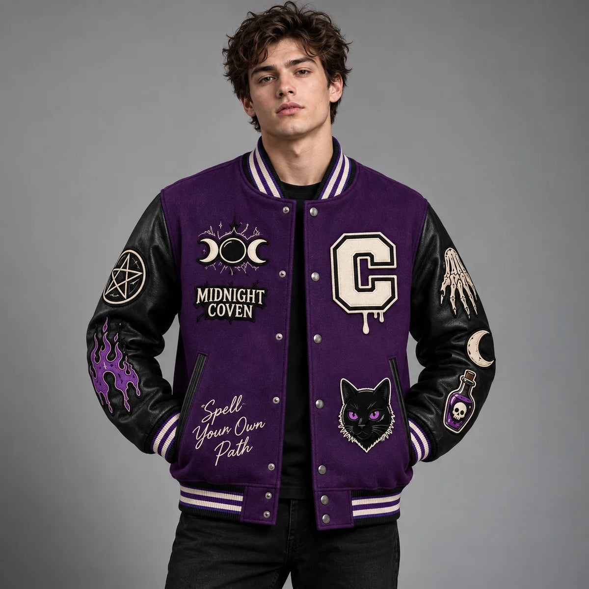 Front studio view of Midnight Coven purple varsity jacket with moon, black cat and genuine leather sleeve patches