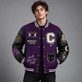 Front studio view of Midnight Coven purple varsity jacket with moon, black cat and genuine leather sleeve patches