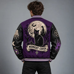 Back model view of purple Halloween varsity jacket with black cat, full moon, bats and haunted castle artwork