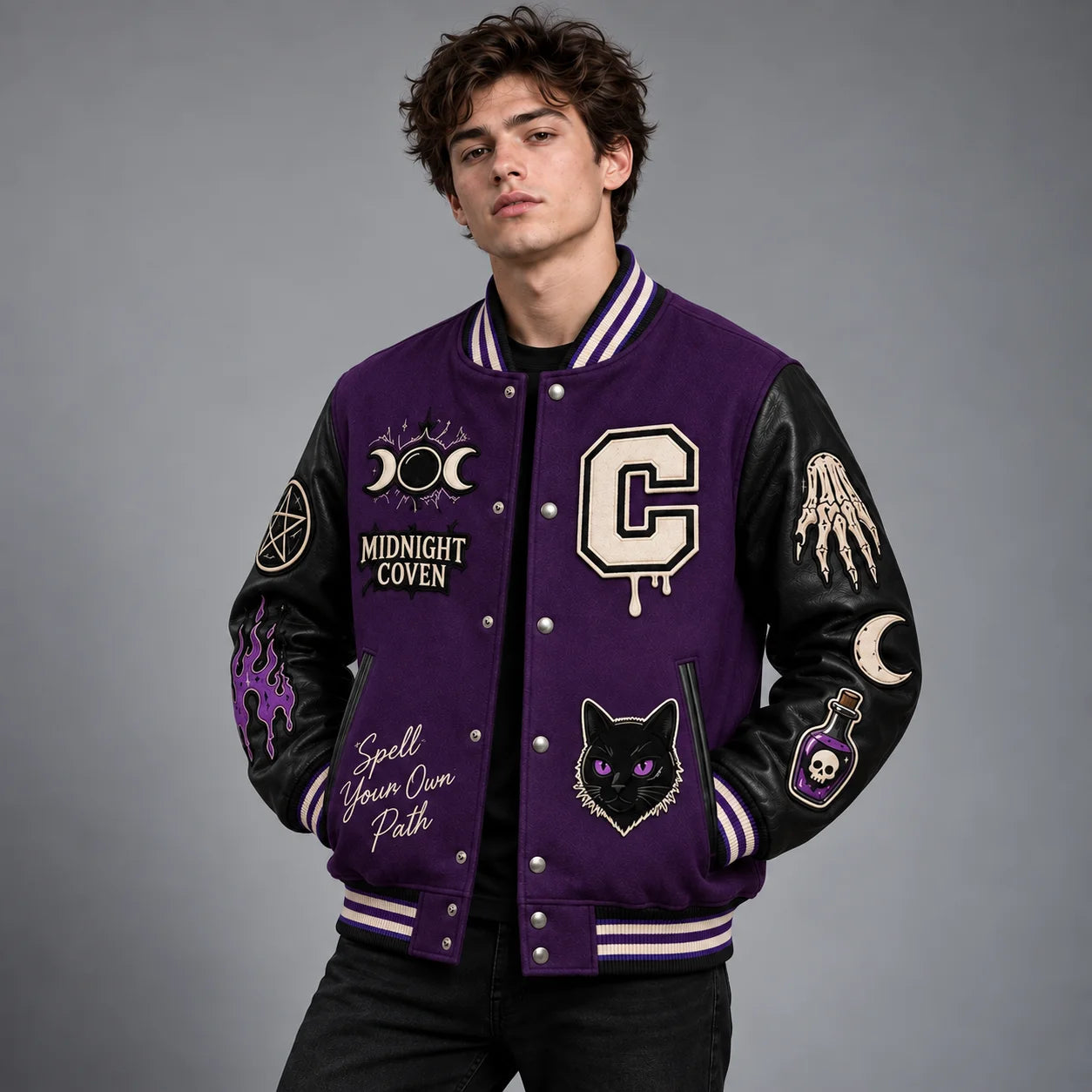 Three-quarter front view of Midnight Coven jacket showing black leather sleeves and gothic embroidered patches