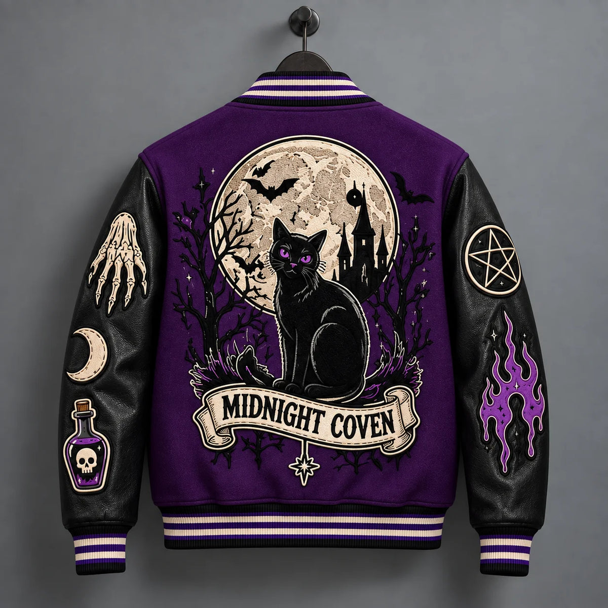 Back hanger view of Midnight Coven Halloween jacket with black cat beneath full moon and gothic castle scene