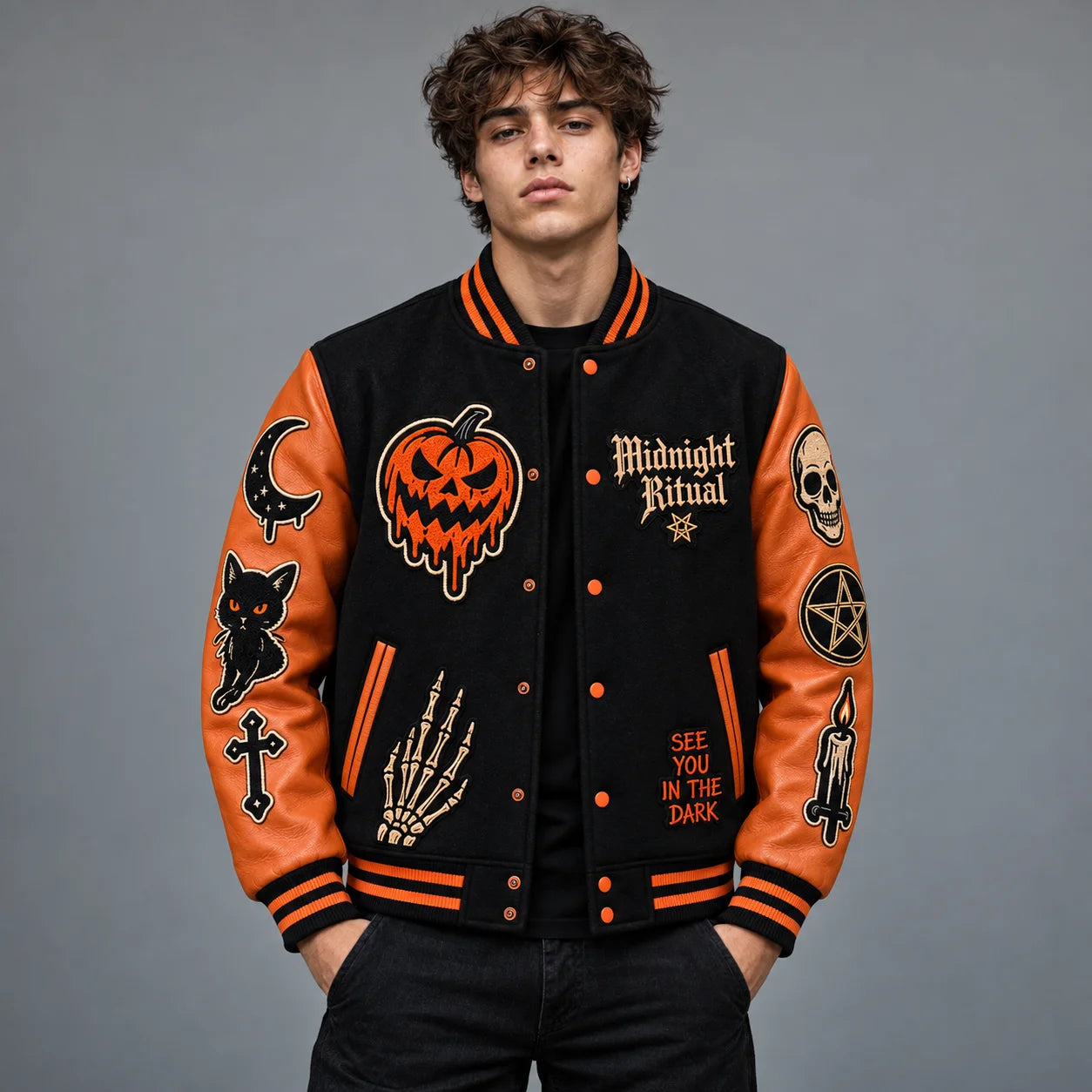Studio front view of Midnight Ritual black Halloween varsity jacket with pumpkin, skull and skeletal hand embroidery