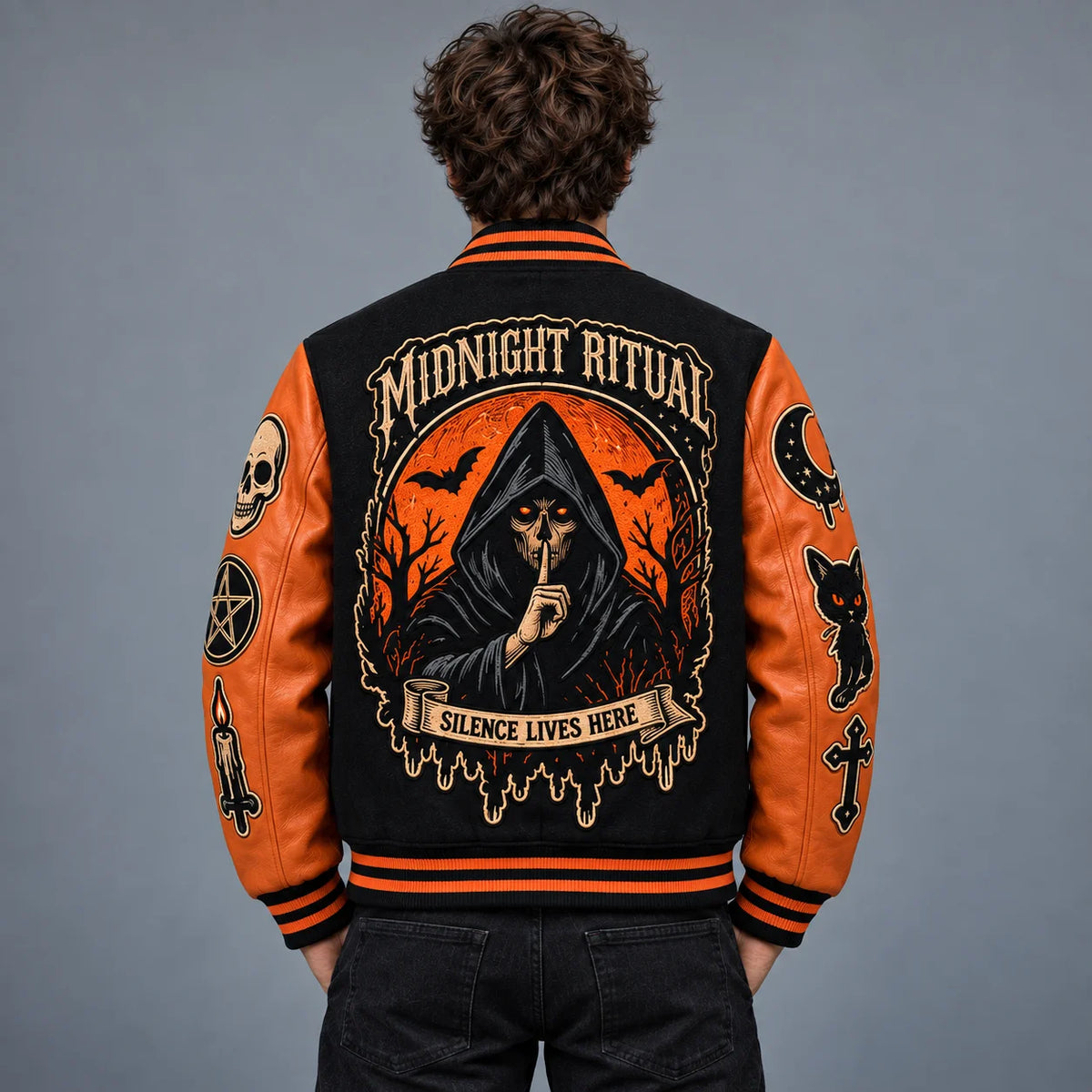 Back view of Halloween varsity jacket featuring large Midnight Ritual hooded figure, orange moon and bat artwork