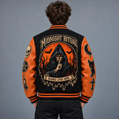 Back view of Halloween varsity jacket featuring large Midnight Ritual hooded figure, orange moon and bat artwork