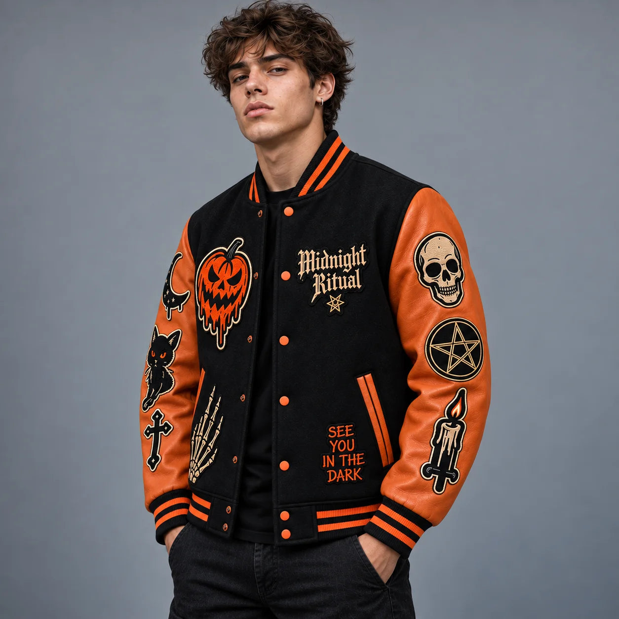 Three-quarter view of black and burnt orange occult varsity jacket showing embroidered front and sleeve patches