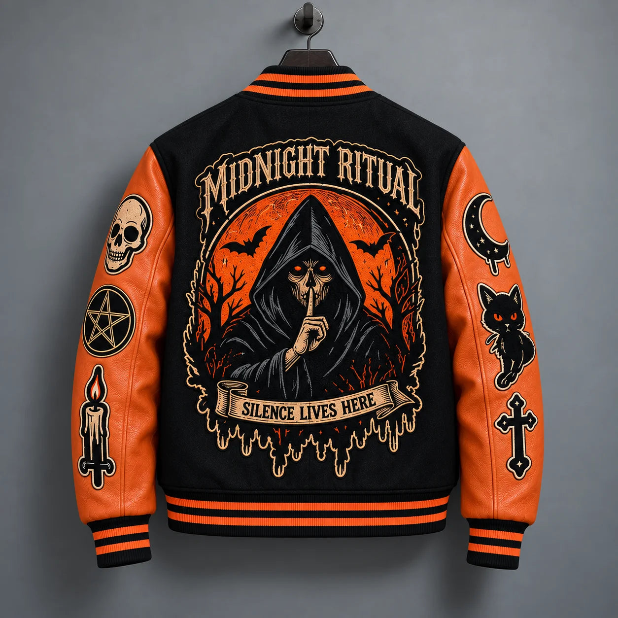 Hanging back view of Midnight Ritual Halloween jacket with oversized hooded skeleton and Silence Lives Here patch