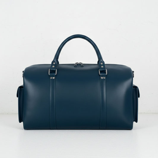 back view navy blue genuine leather duffle weekender bag.