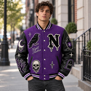 Lifestyle front view of purple Night Stalker Halloween varsity jacket with black leather sleeves and gothic patches