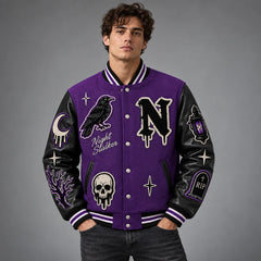 Studio front view of royal purple Halloween varsity jacket with raven, skull, moon and black genuine leather sleeves