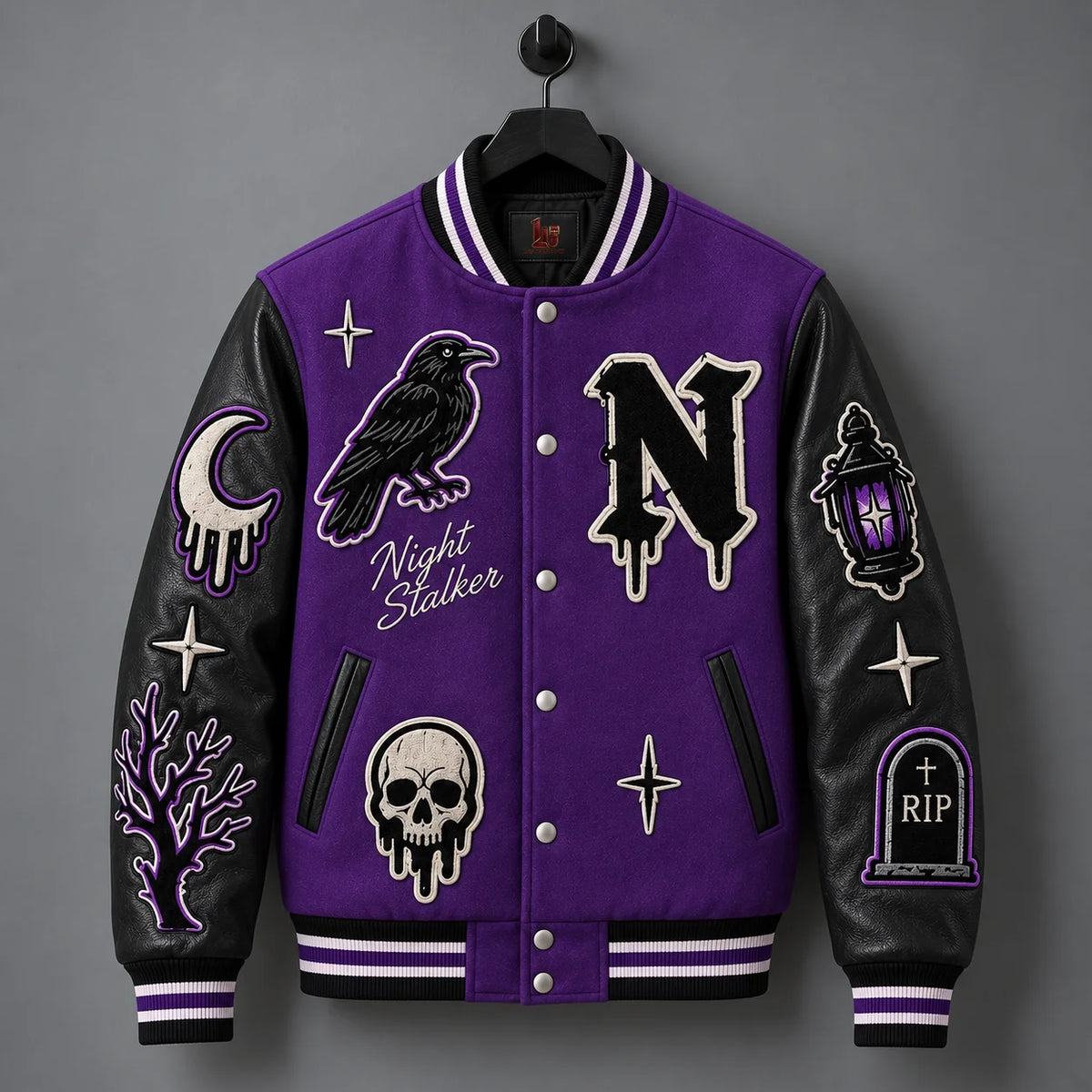 Hanging front view of Night Stalker Halloween jacket with purple polyester body and black leather sleeves