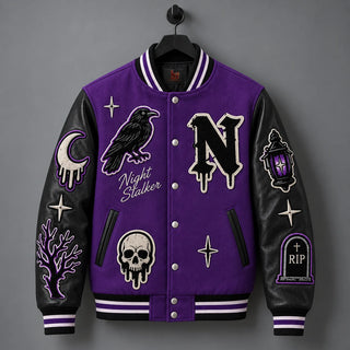 Hanging front view of Night Stalker Halloween jacket with purple polyester body and black leather sleeves