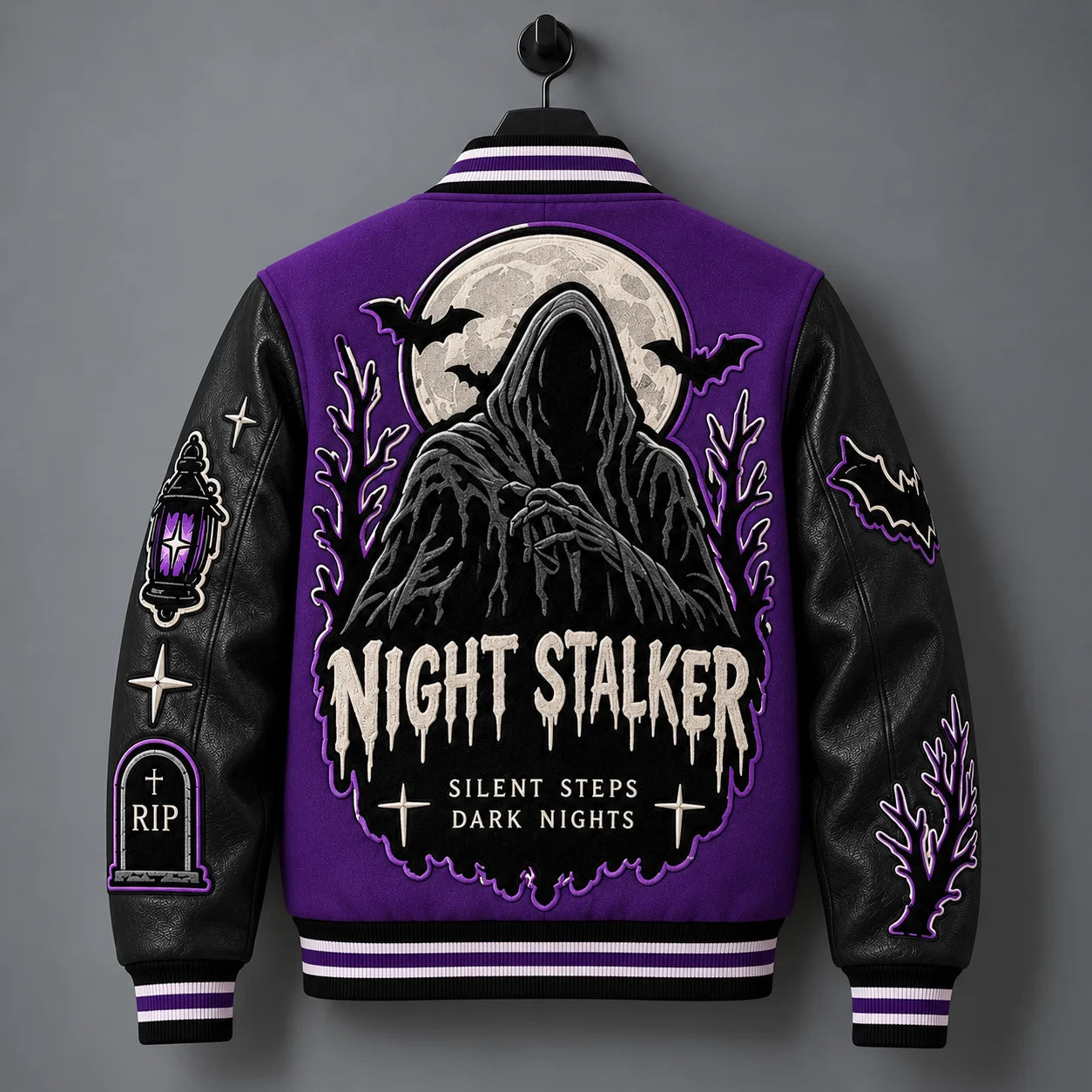 Hanging back view of purple Halloween varsity jacket with large Night Stalker hooded figure and moon artwork