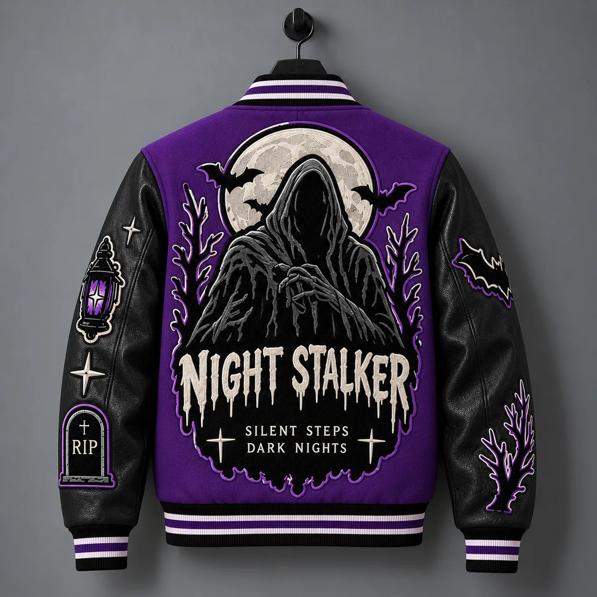 Hanging back view of purple Halloween varsity jacket with large Night Stalker hooded figure and moon artwork
