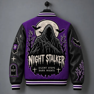 Hanging back view of purple Halloween varsity jacket with large Night Stalker hooded figure and moon artwork