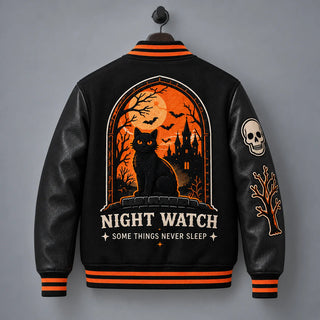 Back product view of black cat Halloween varsity jacket with large Night Watch moon and gothic castle embroidery