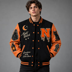 Studio front view of Grim Reaper Halloween varsity jacket with black body, orange leather sleeves and Night Watch patches