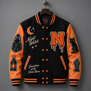 Hanging front view of Night Watch varsity jacket with genuine orange leather sleeves, snap buttons and embroidered patches