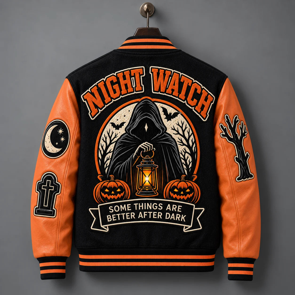 Hanging back view of Grim Reaper Halloween jacket with Night Watch lettering, lantern, pumpkins and embroidered scene
