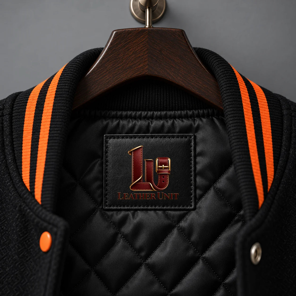 Close-up of black quilted lining, striped varsity collar and Night Watch interior branding patch