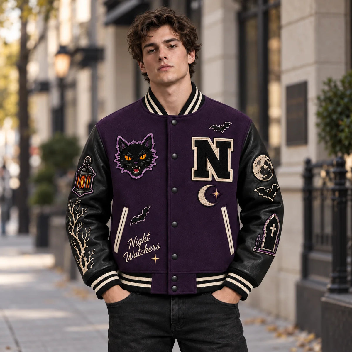 Outdoor front view of shadow-purple Night Watchers Halloween varsity jacket with black leather sleeves and gothic patches