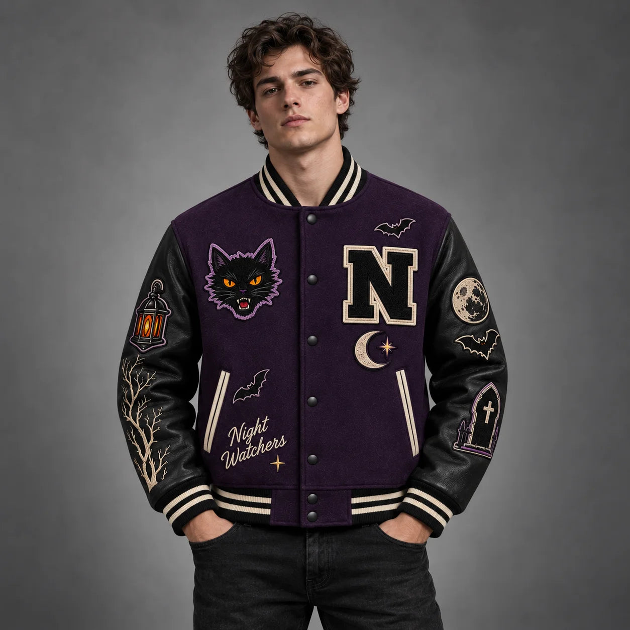 Studio front view of purple Halloween varsity jacket featuring black cat, moon, bats and black leather sleeves
