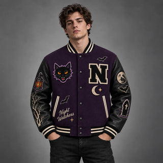 Studio front view of purple Halloween varsity jacket featuring black cat, moon, bats and black leather sleeves