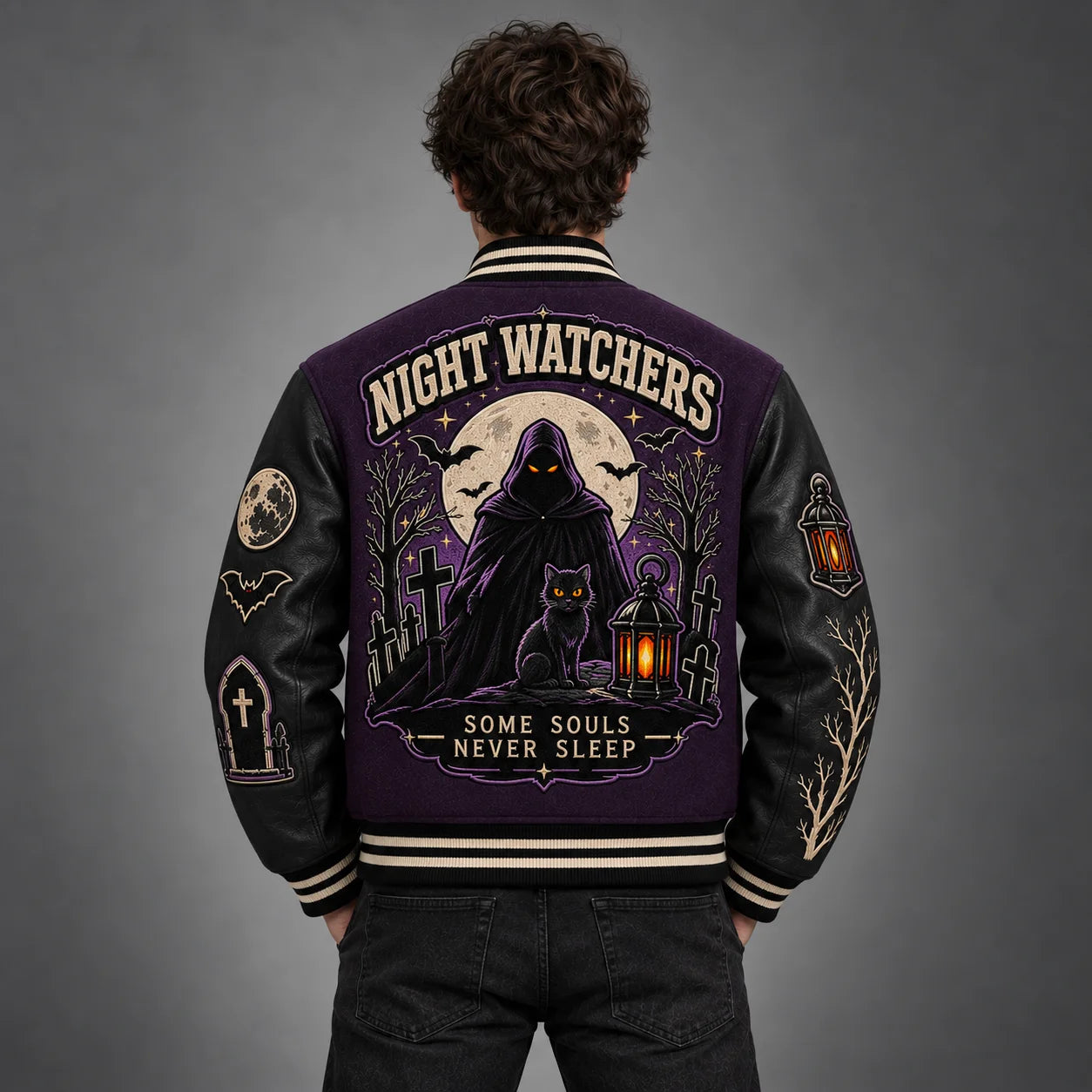 Model back view of Night Watchers varsity jacket with hooded figure, black cat, lantern, full moon and cemetery embroidery