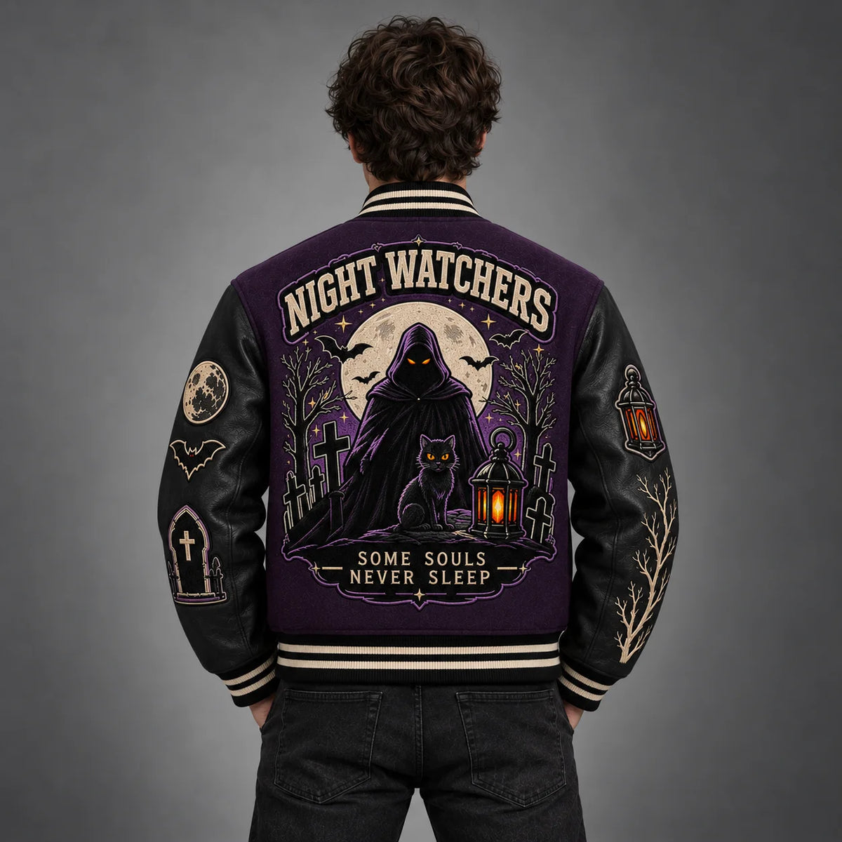 Model back view of Night Watchers varsity jacket with hooded figure, black cat, lantern, full moon and cemetery embroidery