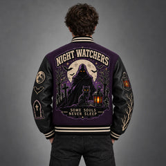 Model back view of Night Watchers varsity jacket with hooded figure, black cat, lantern, full moon and cemetery embroidery