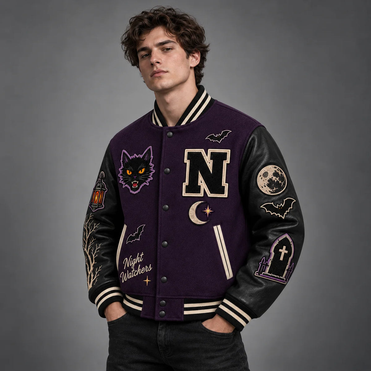 Three-quarter view of purple gothic varsity jacket showing cat, moon, bat, lantern and graveyard sleeve artwork