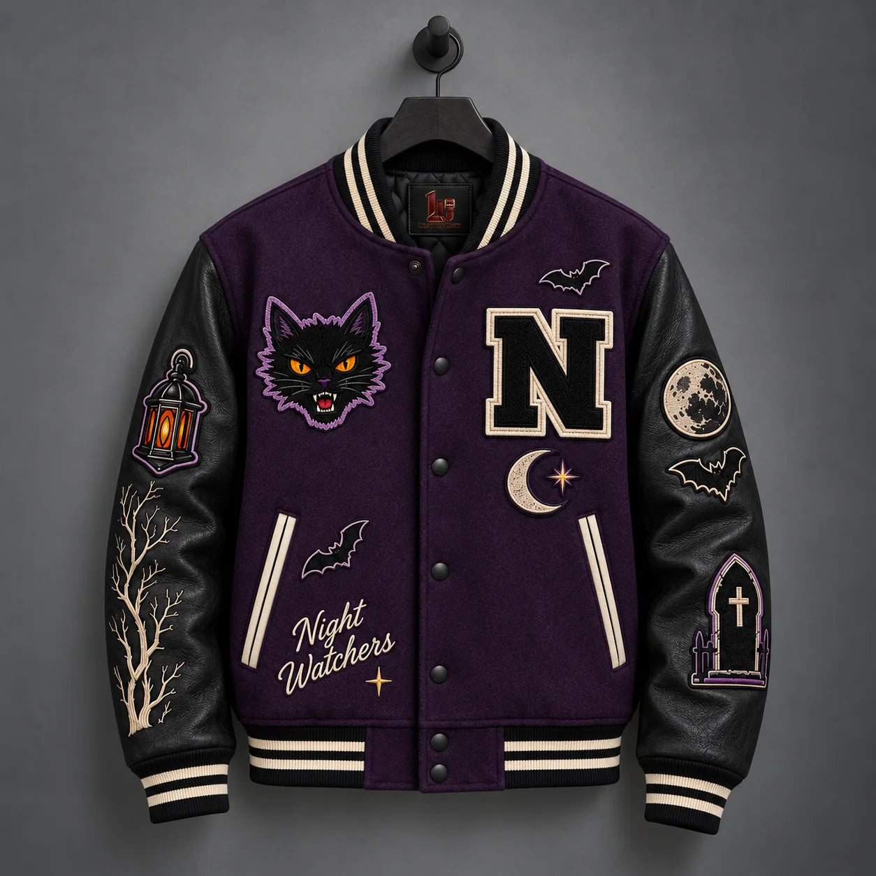 Hanging front view of Night Watchers Halloween jacket with shadow-purple polyester body and matte-black leather sleeves