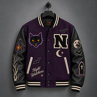 Hanging front view of Night Watchers Halloween jacket with shadow-purple polyester body and matte-black leather sleeves