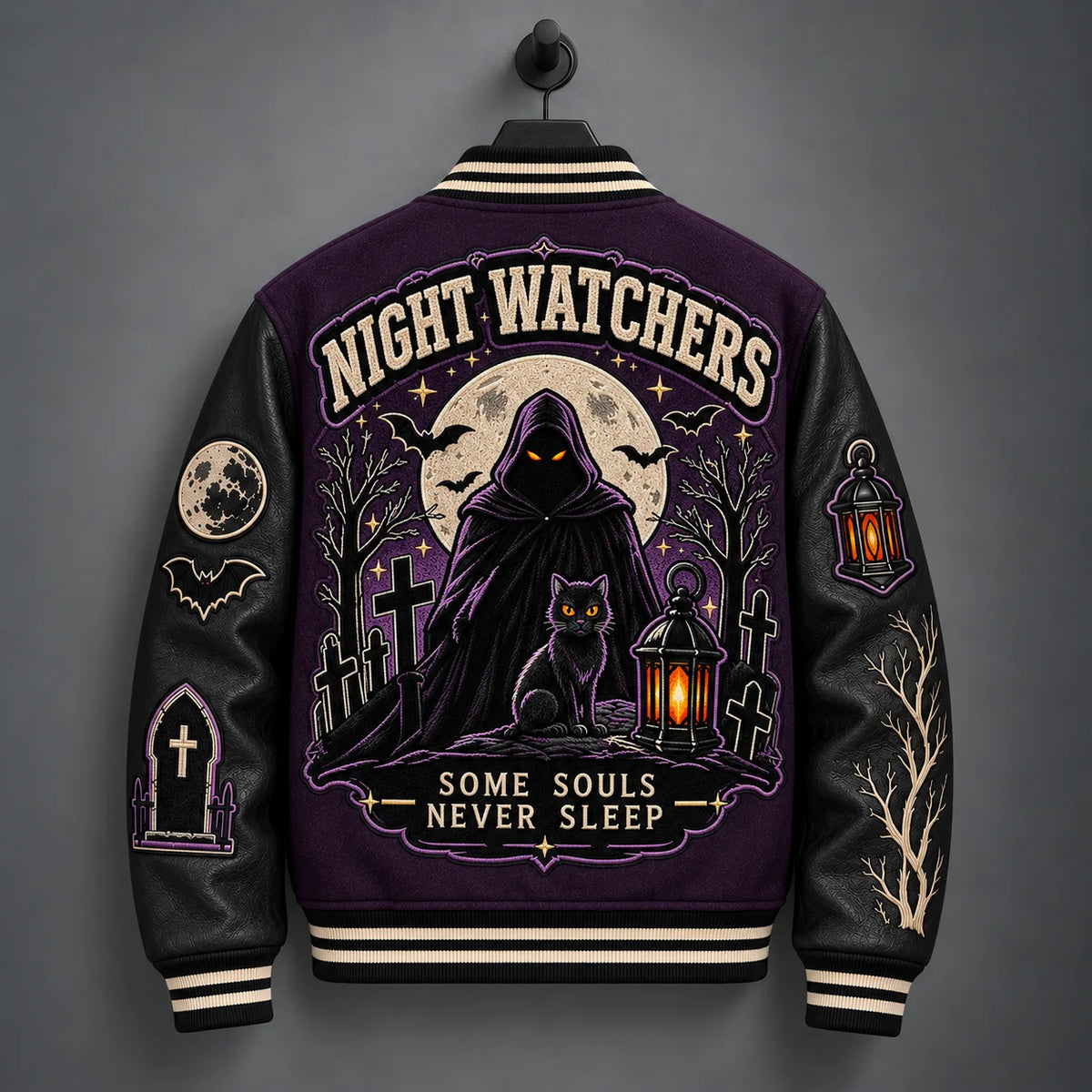 Hanging back view of purple Halloween varsity jacket with Night Watchers cemetery scene and Some Souls Never Sleep artwork