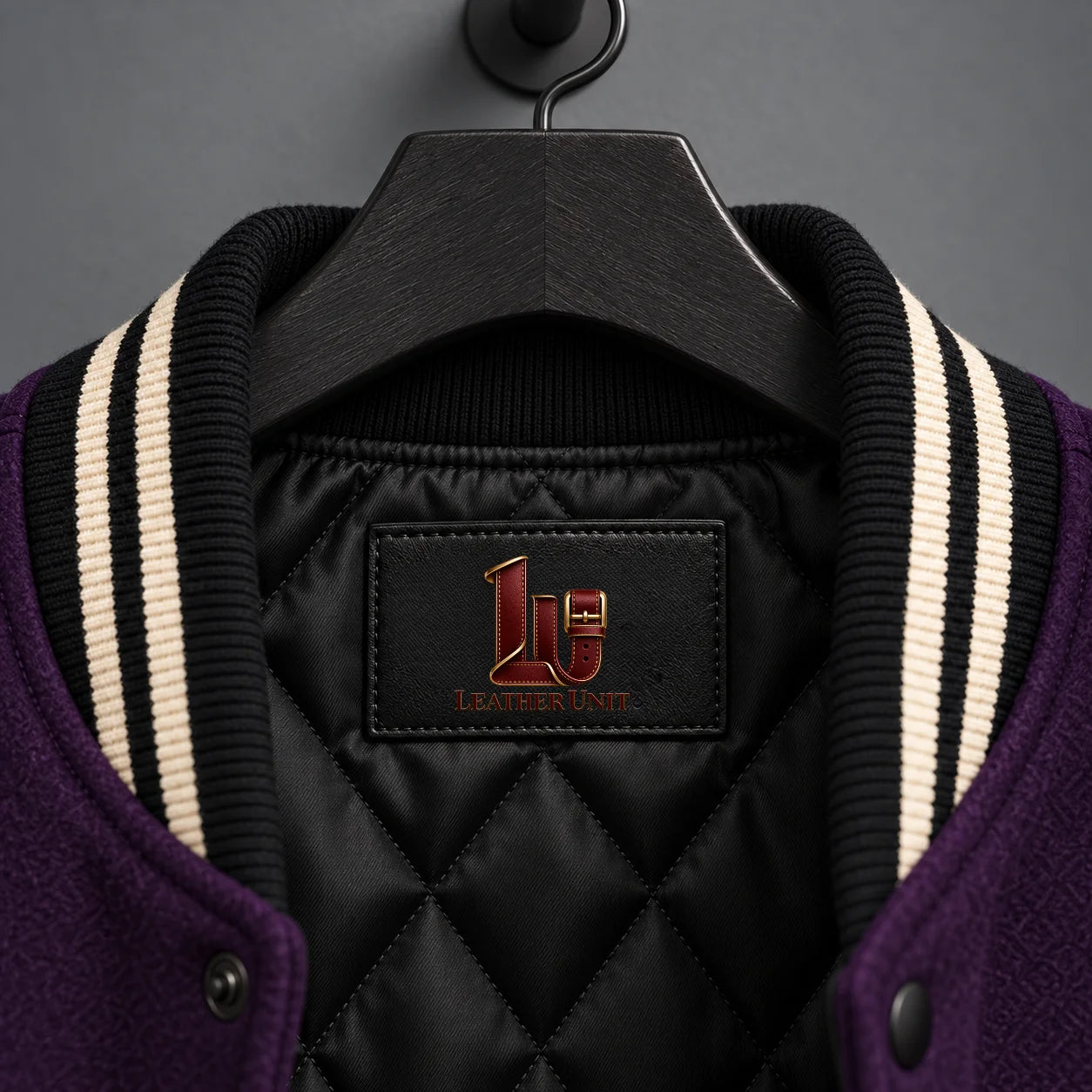 Close-up of Leather Unit branding patch, black quilted lining and black-cream striped varsity collar