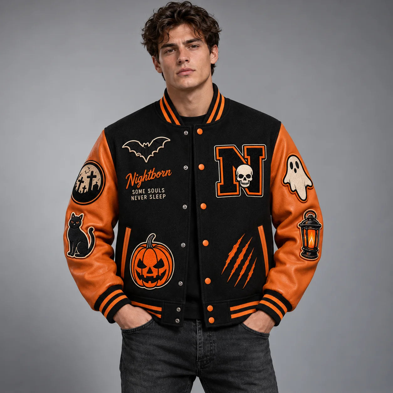 Studio model wearing black and orange Halloween varsity jacket with pumpkin, skull, bat and ghost embroidery