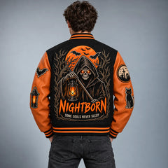 Back model view showing Nightborn grim reaper, orange moon, lantern and bat embroidery on Halloween varsity jacket