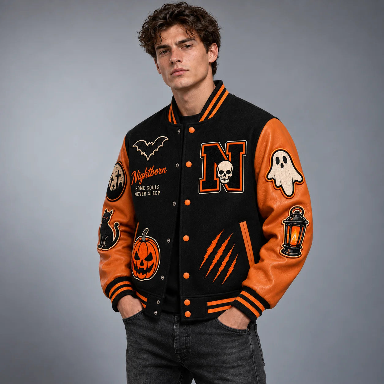 Three-quarter front view of Nightborn varsity jacket highlighting orange leather sleeves, ghost and lantern patches