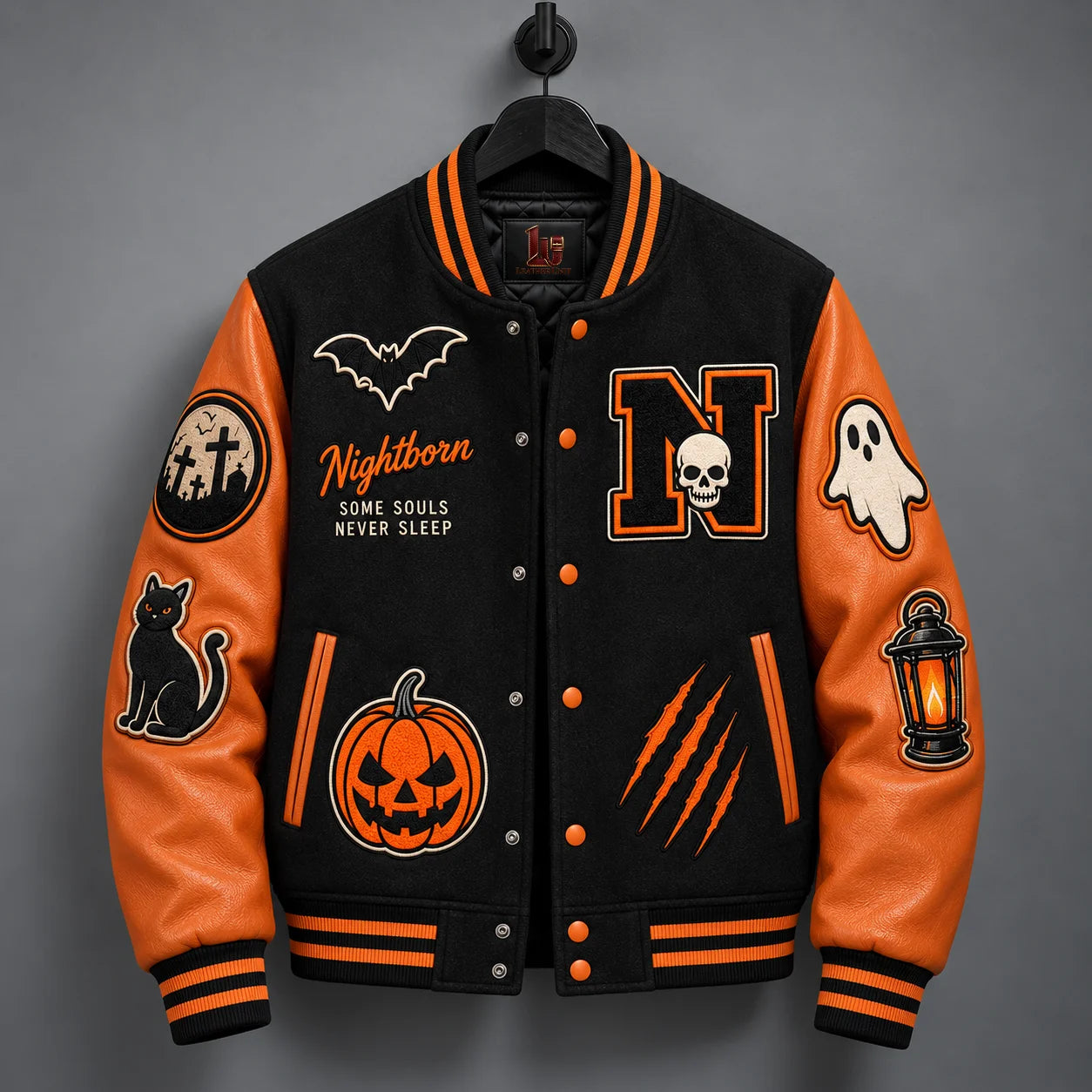 Hanging front view of black Halloween varsity jacket with genuine orange leather sleeves and matte-orange snaps