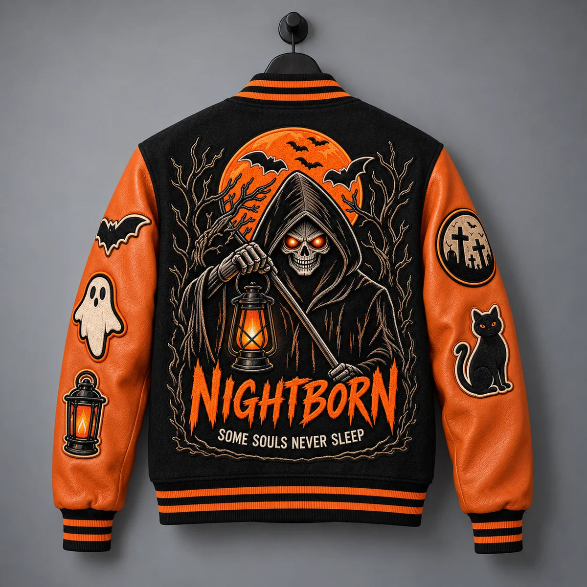Hanging back view of Nightborn jacket with hooded skeleton, orange moon, bats and Some Souls Never Sleep embroidery