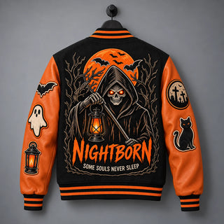 Hanging back view of Nightborn jacket with hooded skeleton, orange moon, bats and Some Souls Never Sleep embroidery