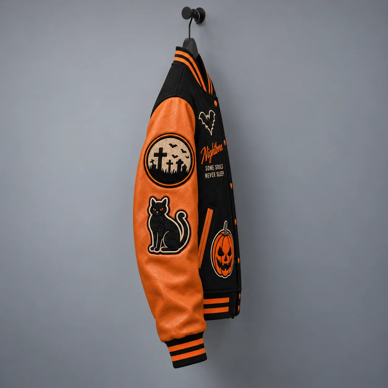 Side profile showing orange genuine leather sleeve with graveyard and black cat patches on Nightborn varsity jacket