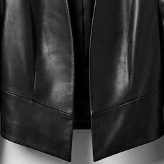 Cropped hem detail on womens minimalist black leather jacket