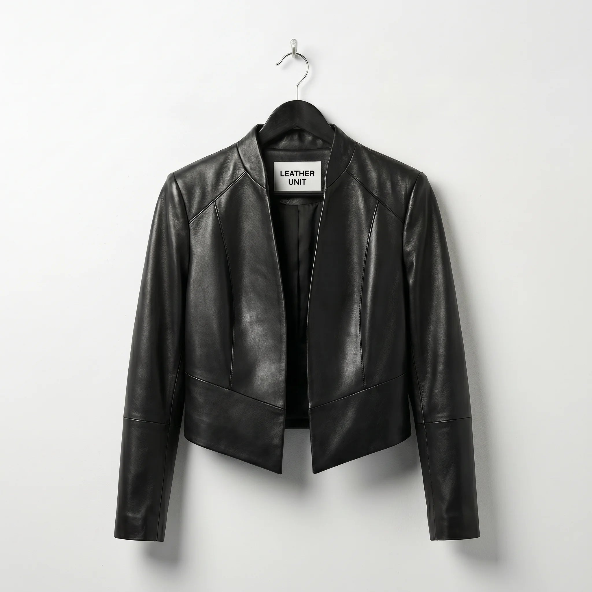 Front view of womens open front black leather jacket by Leather Unit