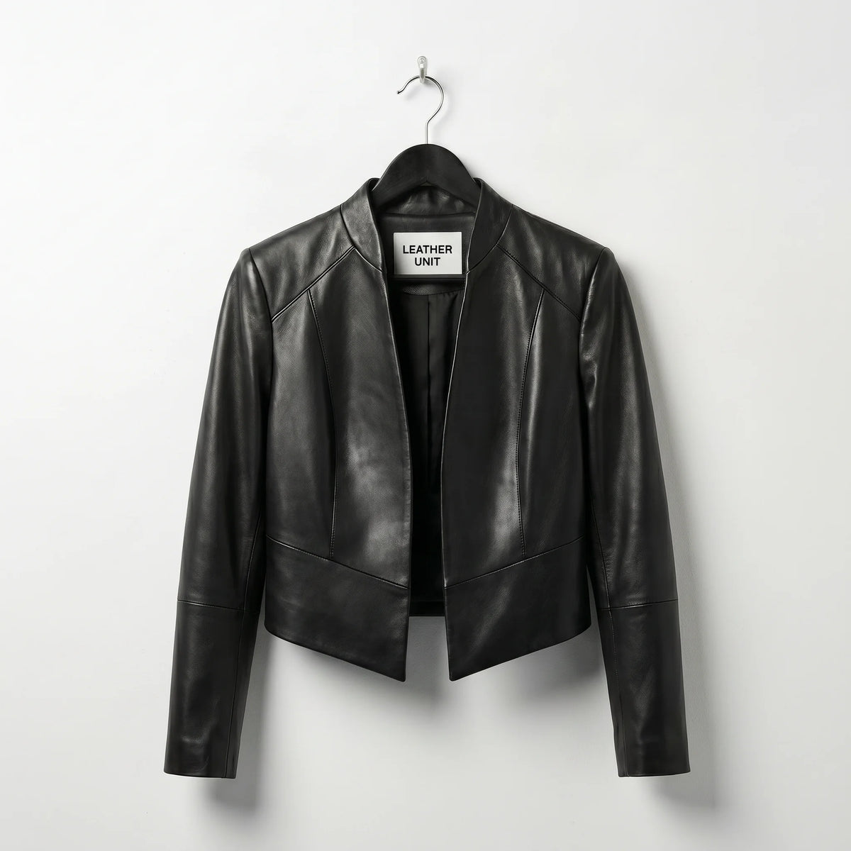 Front view of womens open front black leather jacket by Leather Unit