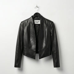 Front view of womens open front black leather jacket by Leather Unit