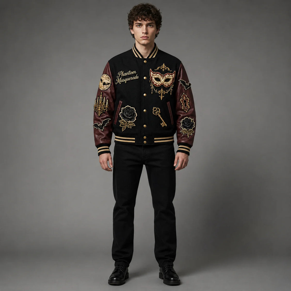 Front studio view of Phantom Masquerade embroidered Halloween varsity jacket with black body and burgundy faux leather sleeves