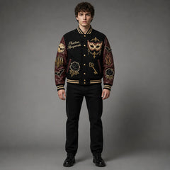 Front studio view of Phantom Masquerade embroidered Halloween varsity jacket with black body and burgundy faux leather sleeves