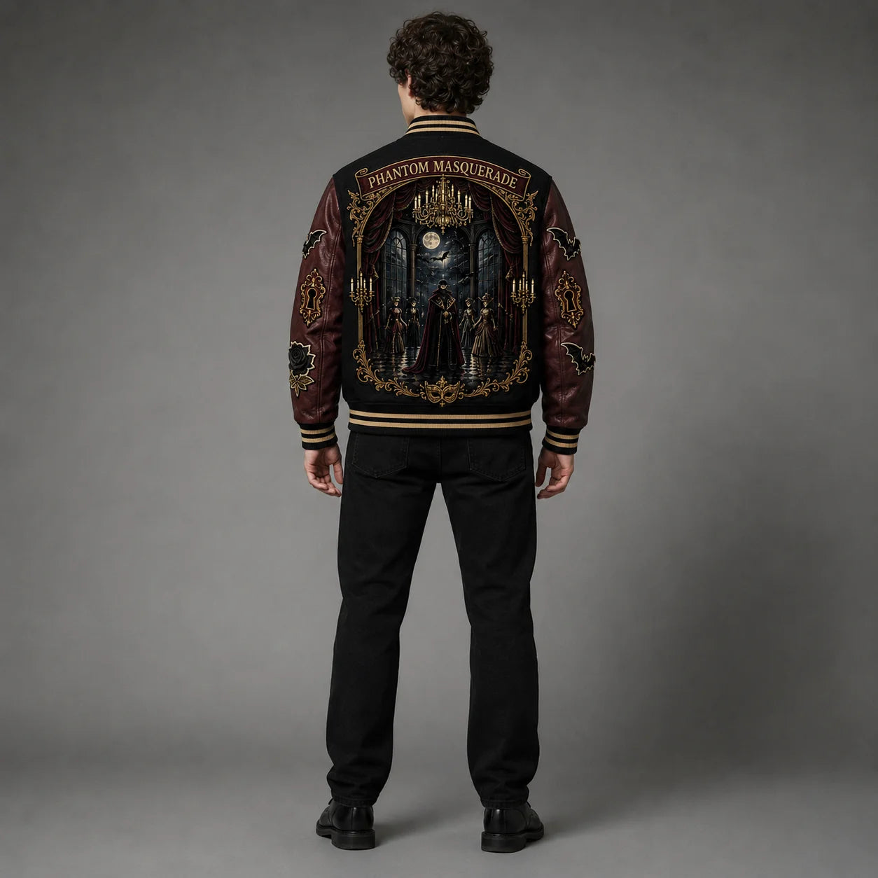 Back view of Phantom Masquerade varsity jacket showing large gothic ballroom artwork and burgundy embroidered sleeves